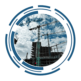 A view of a building site featuring cranes and scaffolding. The image is framed by a circular, futuristic design.